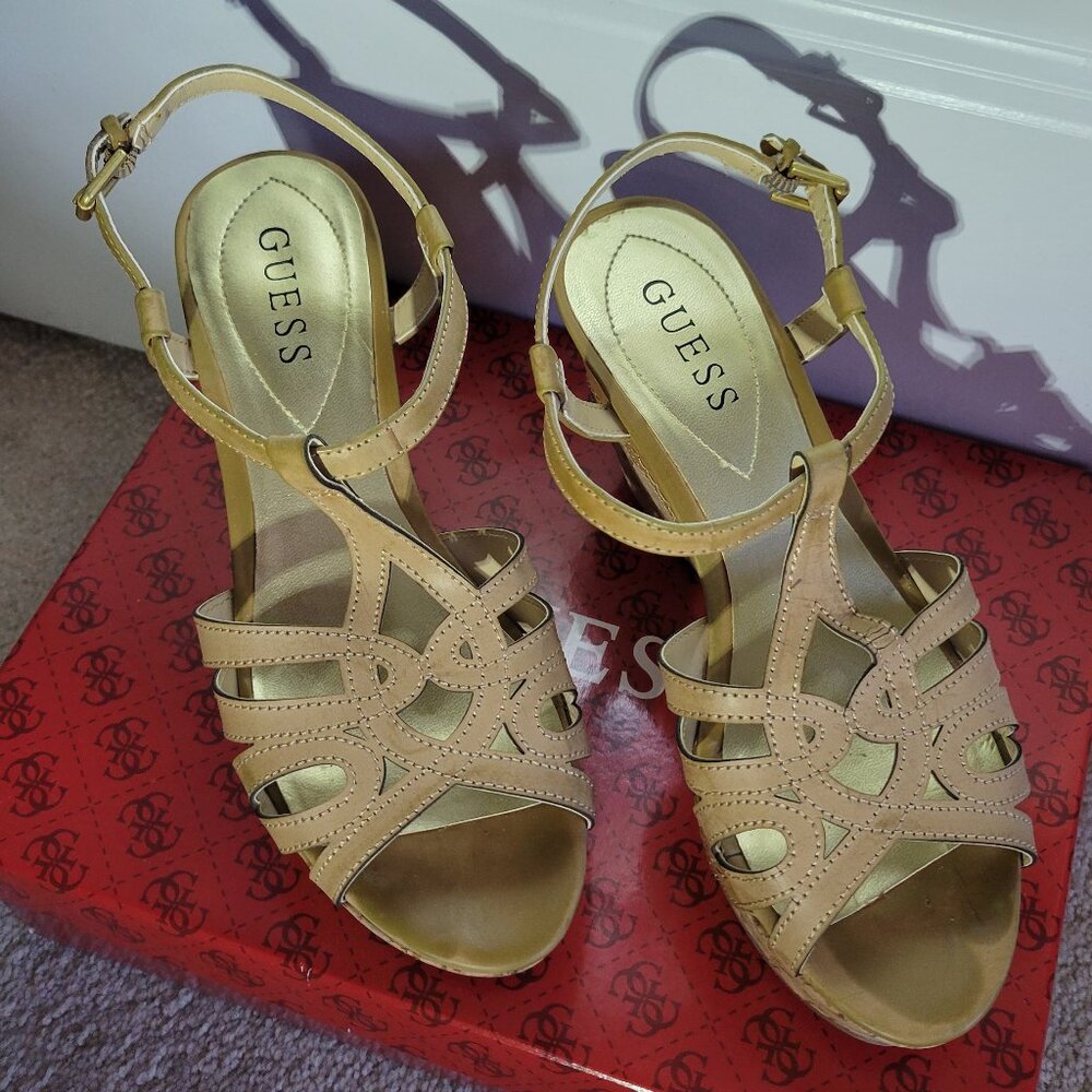 Guess - Wedge Platform Sandals - Size 6 - Neutral Tan